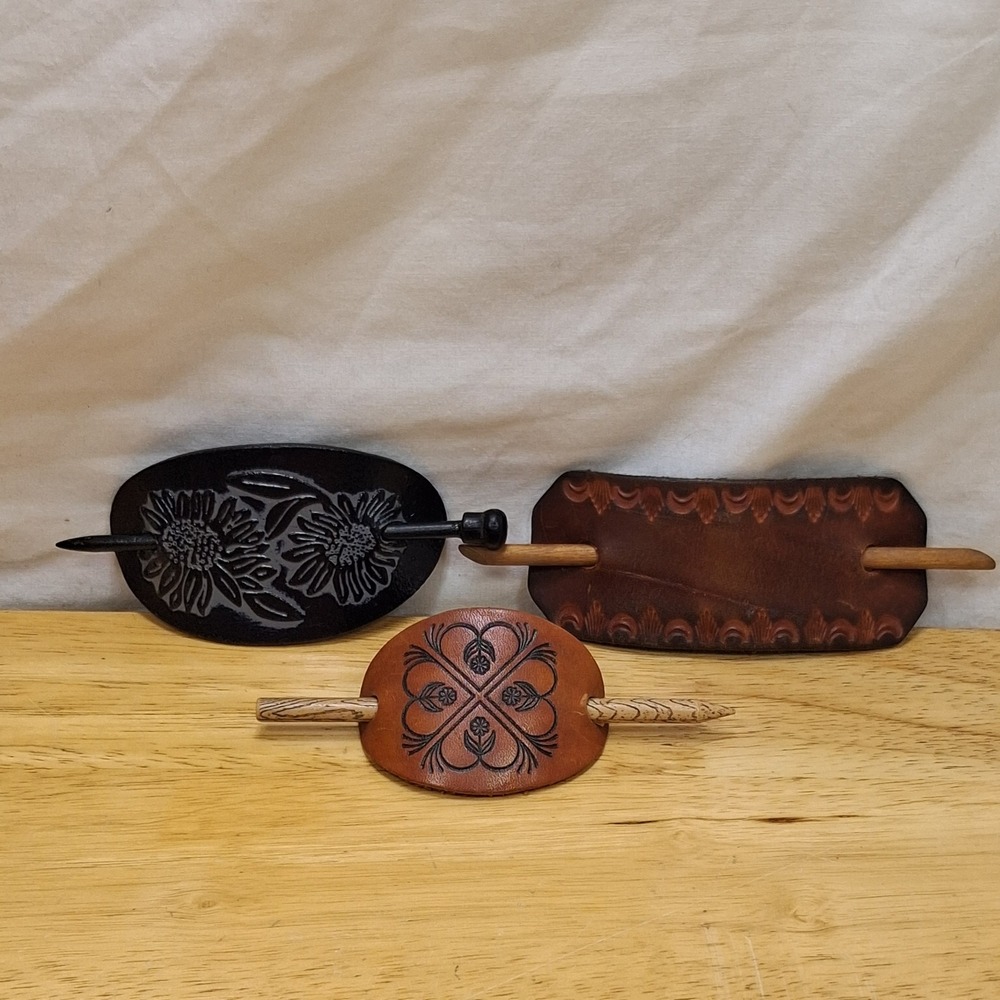 Unbranded Leather Hair Slide Barrette Set Women OS Brown Black Floral Tooled